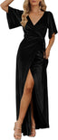 MEROKEETY Women's Wrap V Neck Wedding Guest Cocktail Velvet Maxi Dress