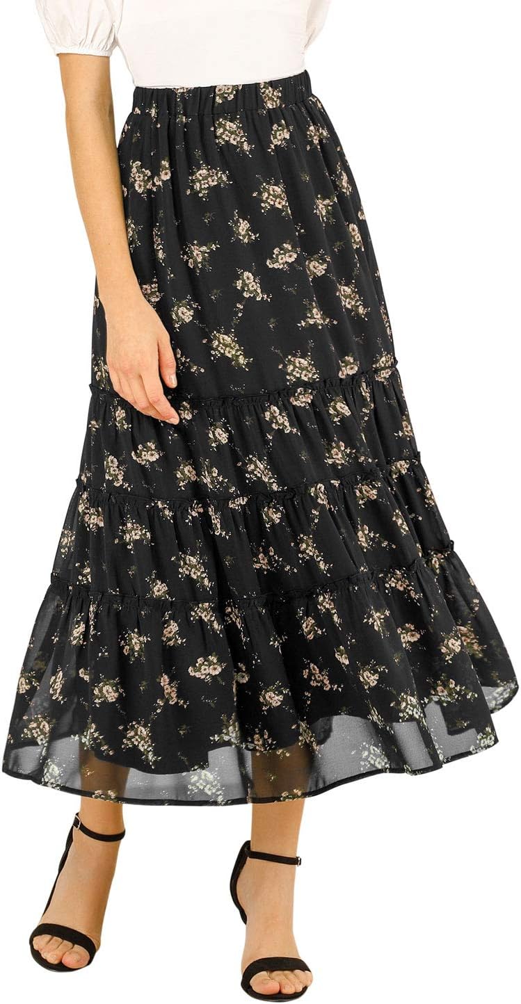 Allegra K Women's Floral Skirt Chiffon A-line Long Tiered Ruffle Maxi Skirt