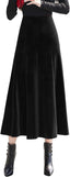 Women's High Waist Pleated Velvet Skirt Casual Slim Flowy Swing A-line Midi Skirts with Pockets