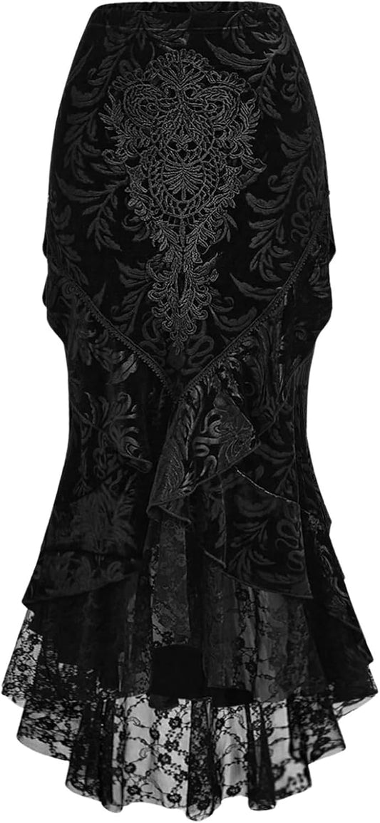 Verdusa Women's Goth Gothic Lace Fishtail Skirts Ruffle Vampire Bodycon Long Skirt
