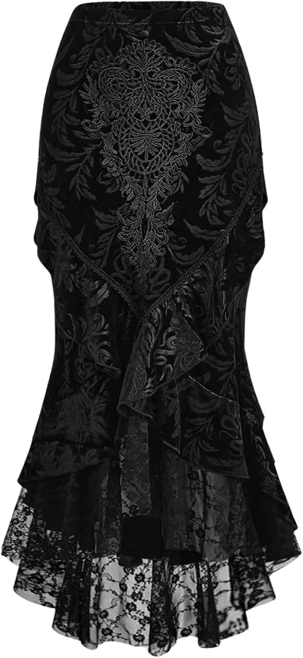Verdusa Women's Goth Gothic Lace Fishtail Skirts Ruffle Vampire Bodycon Long Skirt
