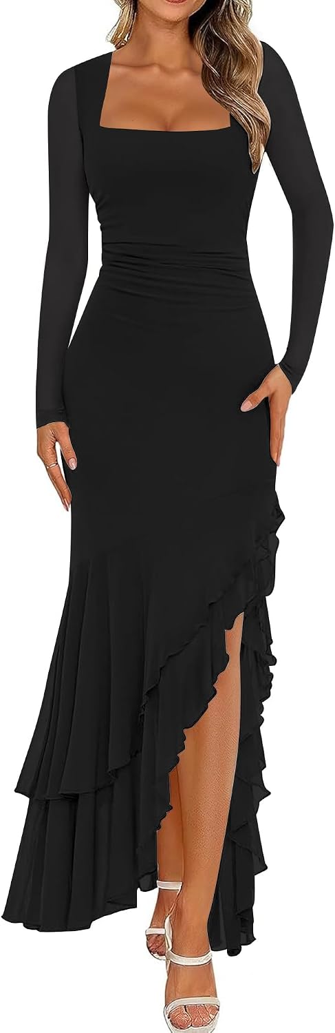 BORIFLORS Women's Bodycon Fall Wedding Guest Long Sleeve Maxi Dress