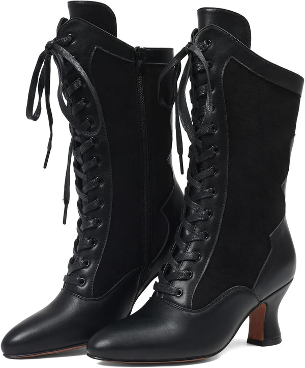 Witch Boots for Women Victorian Lace Up Pirate Mid Calf Boot