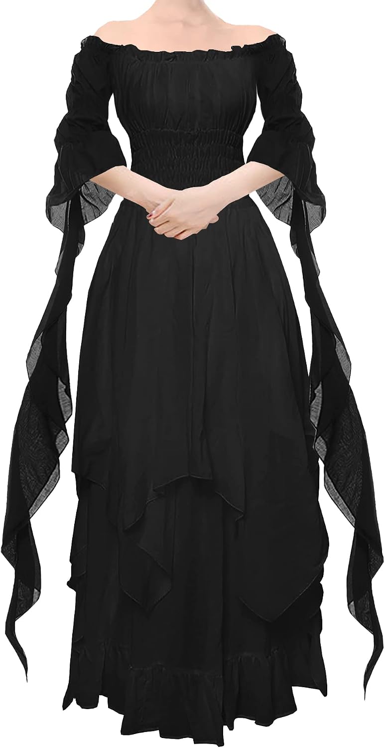 YEAXLUD Women's Victorian Dress Puff Sleeve Off Shoulder Ruffle Medieval Costume for Women Renaissance Dress
