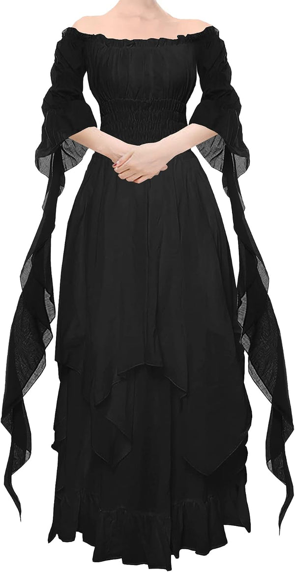 YEAXLUD Women's Victorian Dress Puff Sleeve Off Shoulder Ruffle Medieval Costume for Women Renaissance Dress