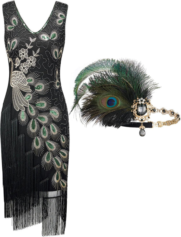 YESSA 1920s Peacock Dresses for Women,Flapper Gatsby Dress with Headband
