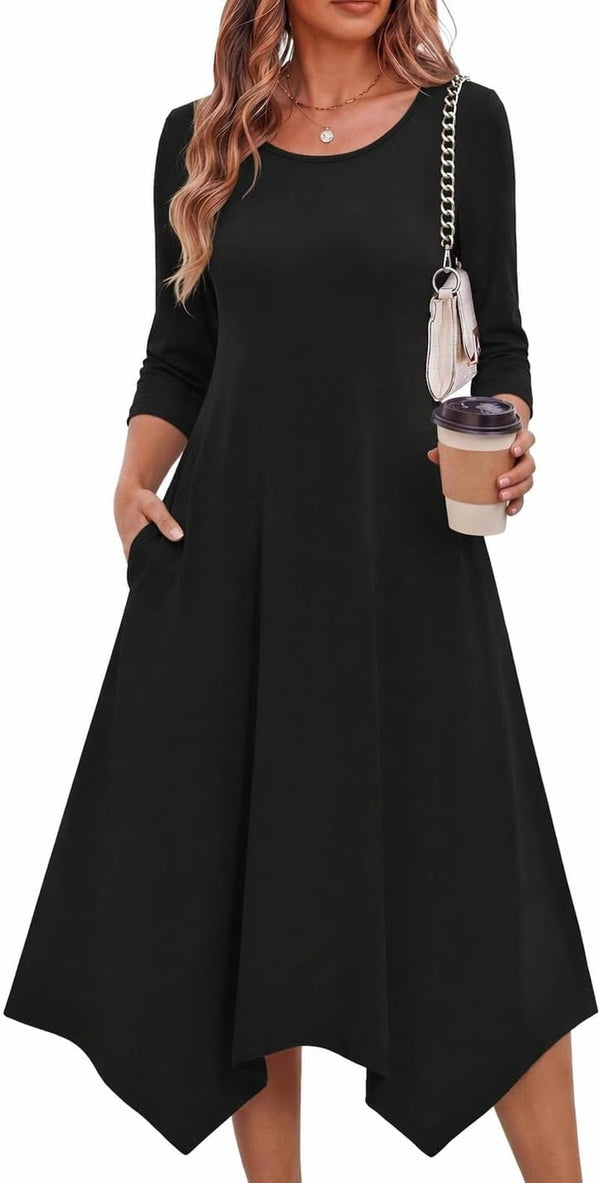 Zeagoo Midi Dresses Women 2026 Dress 3/4 Sleeve A Line Casual Dresses with Pockets