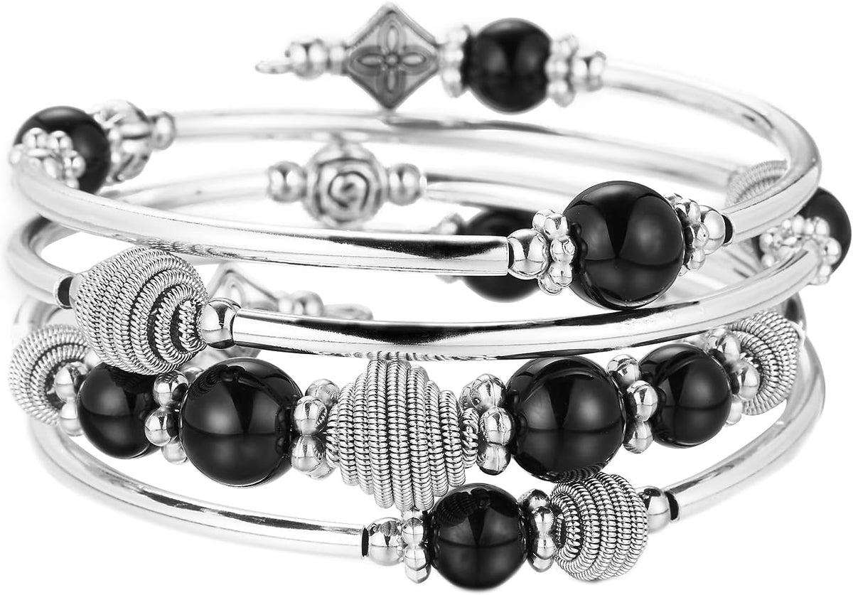 PEARL&CLUB Beaded Chakra Bangle Turquoise Bracelet - Fashion Jewelry Wrap Bracelet with Thick Silver Metal and Mala Beads, Birthday Gifts For Women