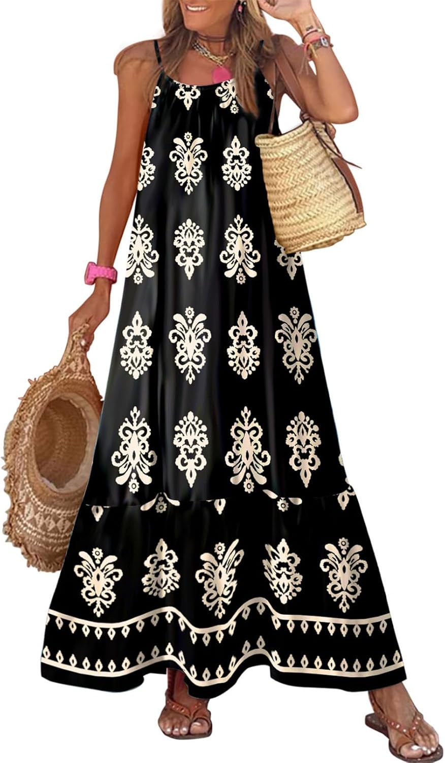Dokotoo Women Summer Dresses Scoop Neck Ruffle Flowy Boho Maxi Dress