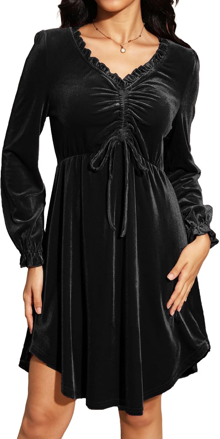 Jayscreate Women's V Neck Velvet Dress Tie Front Waist 2024 Ruffle Long Sleeve Wedding Guest Short Wrap Formal Dress