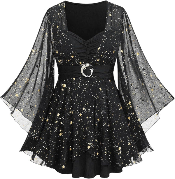 Rosegal Women Plus Size Sparkly Star Bell Sleeve Top