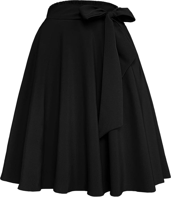 Womens Vintage High Waist A-Line Skater Skirt Flared Midi Skirt with Pockets