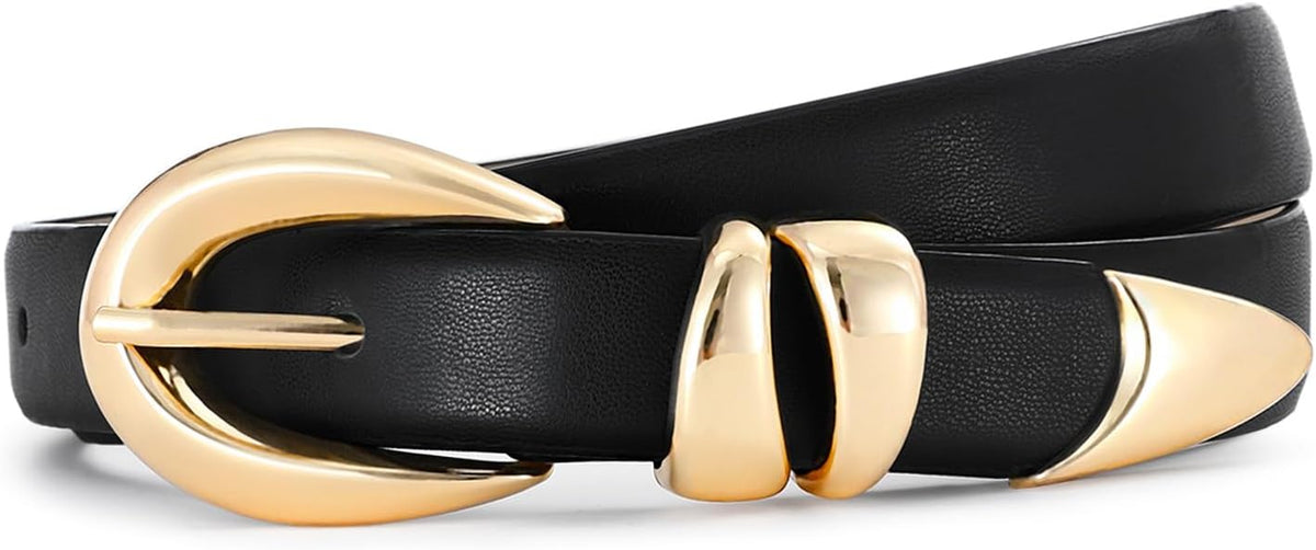Belts For Women With Gold Buckle – Adjustable Black Leather Belt For