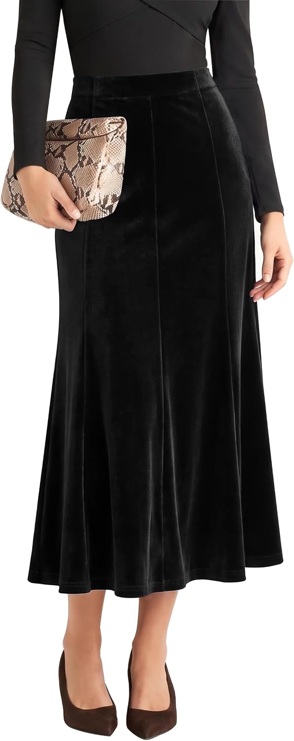 Urban CoCo Women's Velvet A-Line Midi Skirt High-Waisted Stretch