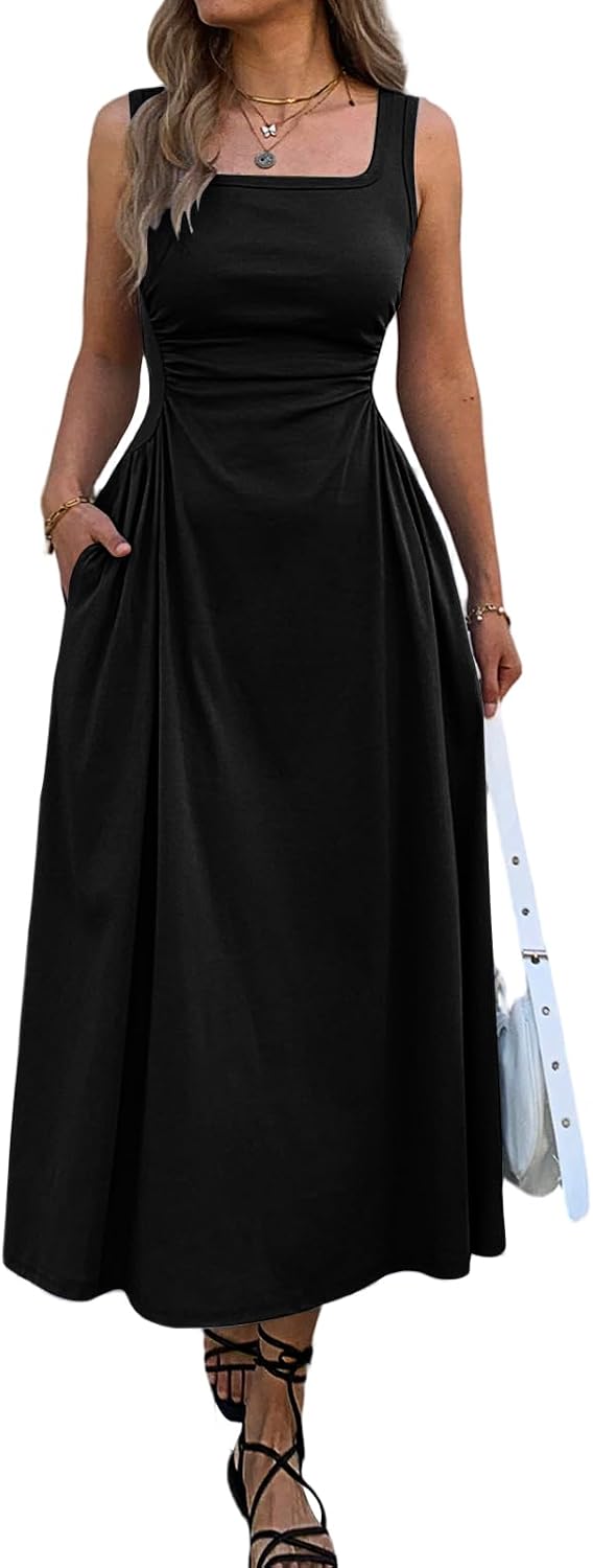 Mieazom Women's Square Neck Sleeveless Slim-Fit Maxi Dress Ruched Waist Corset Flowy Casual Summer Dresses with Pockets