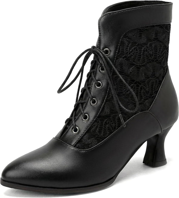LanreyTaley Victorian Boots Wedding Shoes for Bride Lace up Boots for Women Lace Witch Shoes Renaissance Black