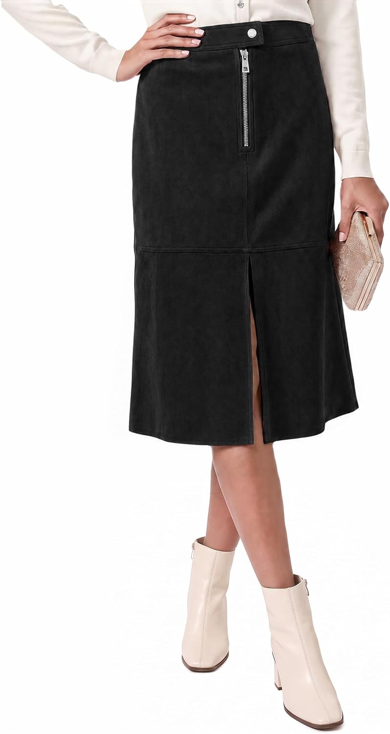 Tankaneo Womens Faux Suede Skirts Midi High Waist A Line Vintage Skirt