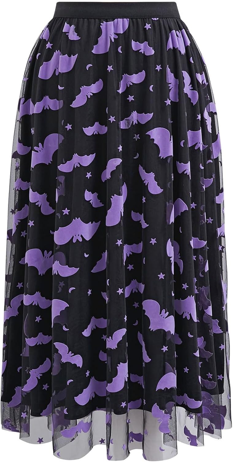 CHICWISH Women's Pumpkin Tulle Tutu Skirt Velvet Bats Elastic Waist Halloween Party Layered Mesh Midi Skirt Halloween Costume