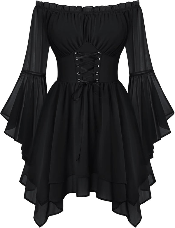 Scarlet Darkness Renaissance Costume Women Chiffon Corset Pirate Mini Dress