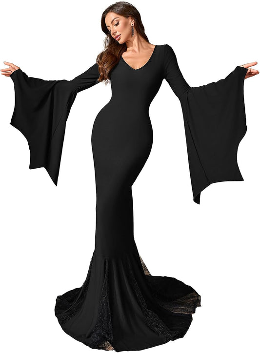 Gothic Mermaid Evening Dress Witch Halloween Morticia Addams Costume, V-Neck Bell Sleeves, Black Lace Train, Floor Length