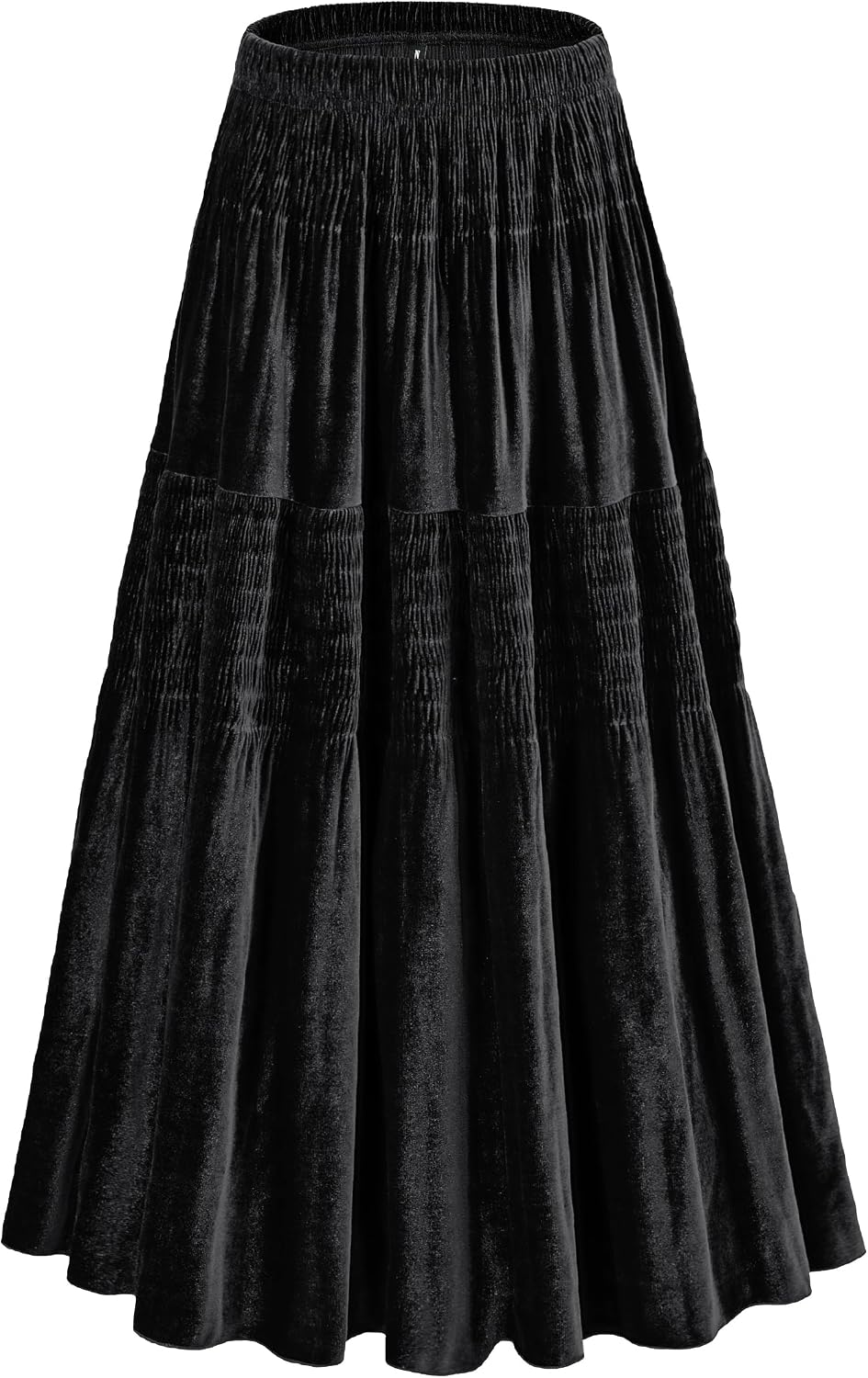 Women's Velvet Pleated Midi Skirt Elastic High Waist Fall Winter Tiered A-Line Party Long Skirts
