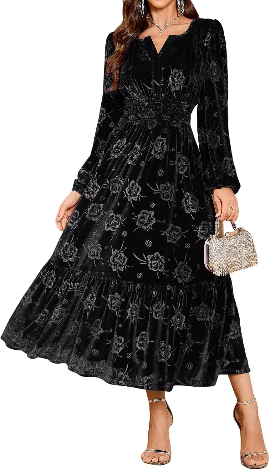ZAFUL Womens Velvet Dress Long Sleeve Maxi Dresses Floral Smocked Waist
