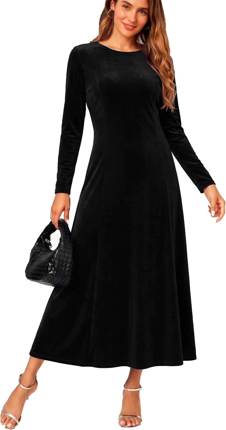 Urban CoCo Women's Elegant Velvet Midi Dress Scoop Neck Long Sleeve Ruched