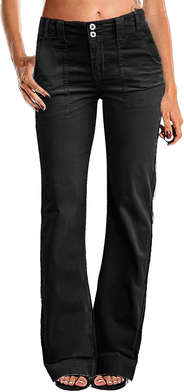 Women Mid Waist Dress Flare Straight Leg Corduroy Pants
