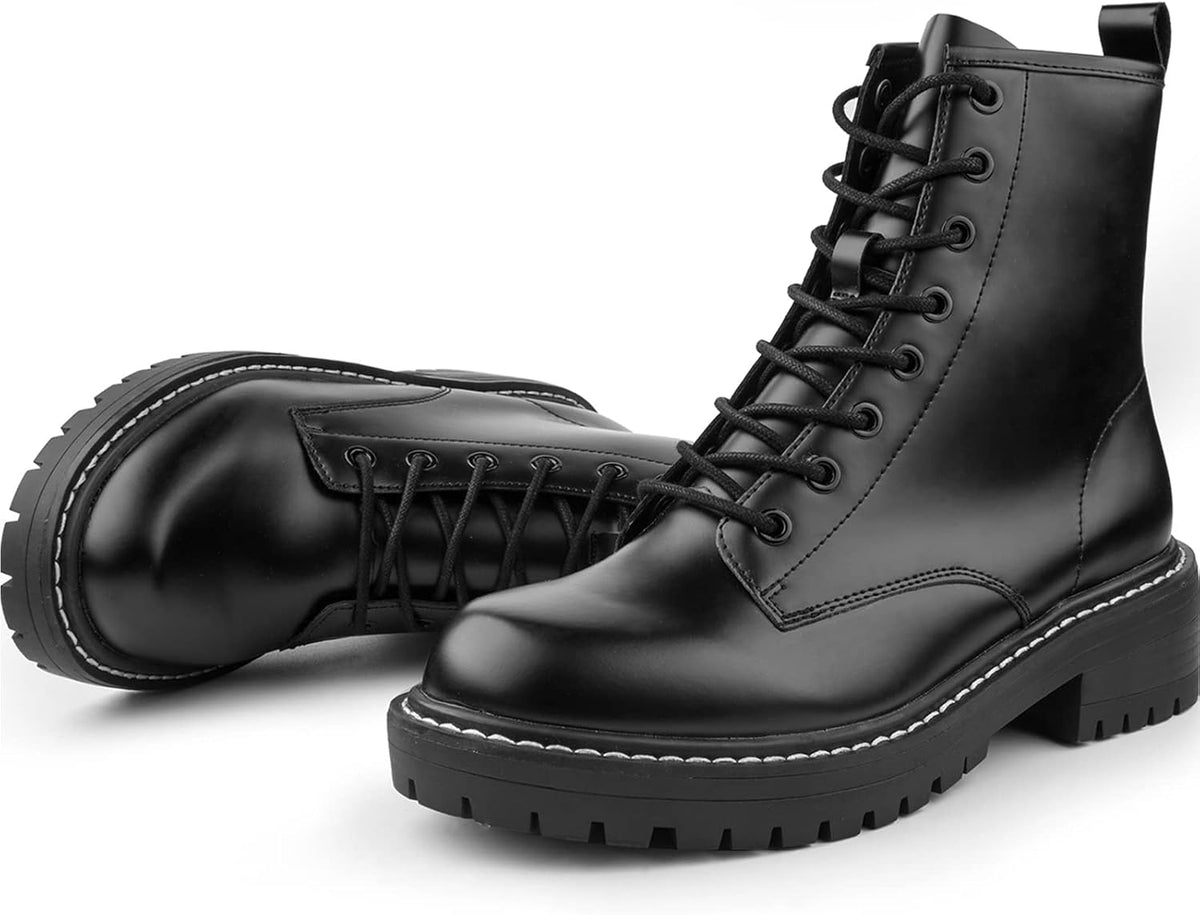 ICHIGO Women’s Ankle Booties 8-Eye Side Zipper Lace-up Combat Boots