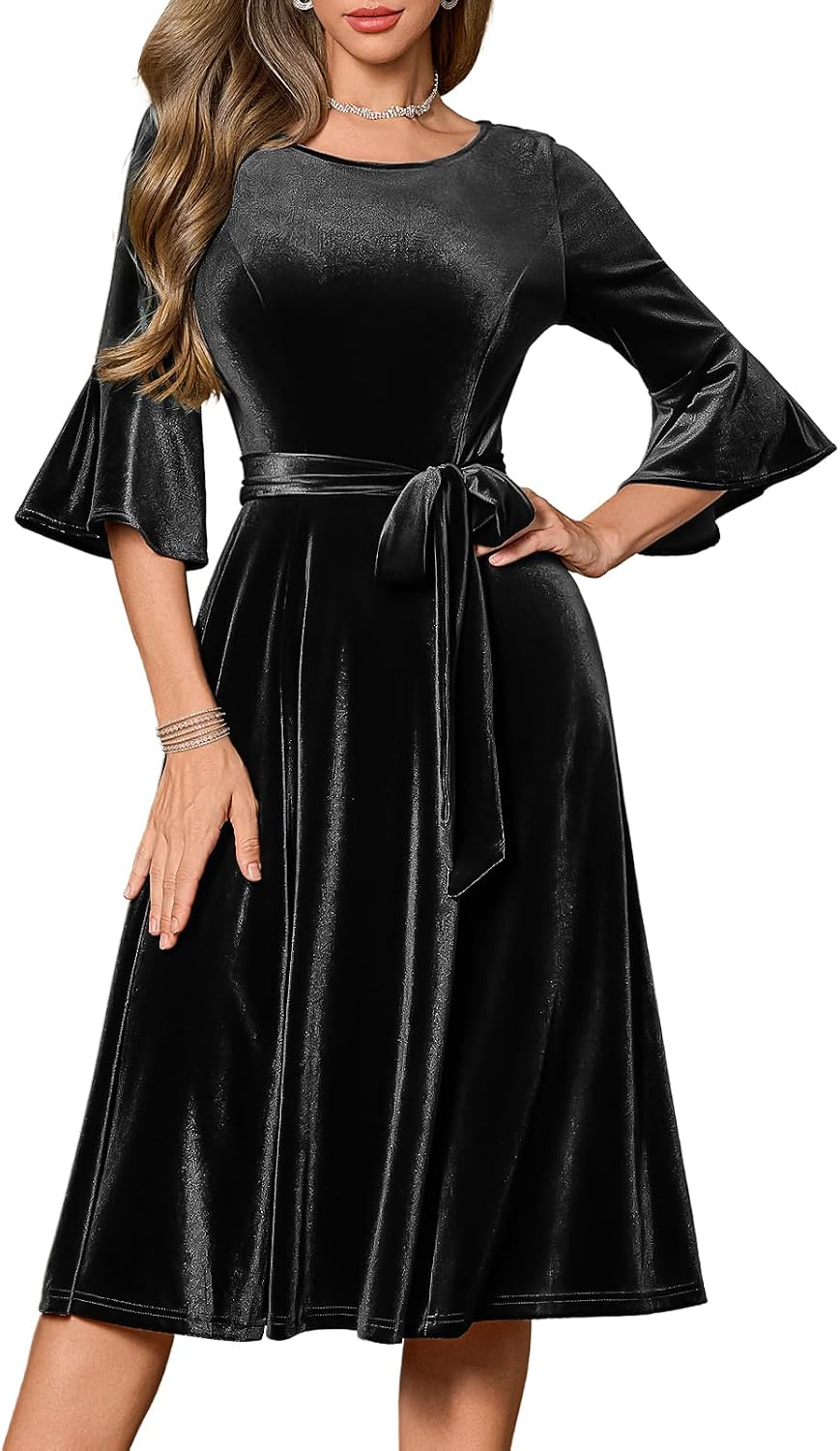 HomRain Long Sleeve Midi Velvet Dress for Women Vintage Christmas Dresses