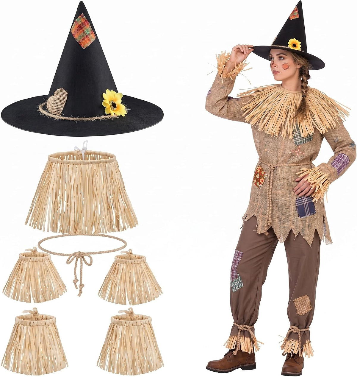 Geyoga 7 Pcs Scarecrow Costume Set Scarecrow Hat and Straw Kit