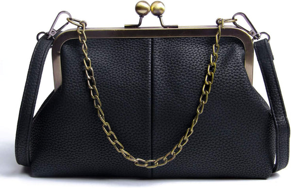 Women Classical Kiss Lock Clutch with Chain Strap Shoulder Bag Purse Wallet