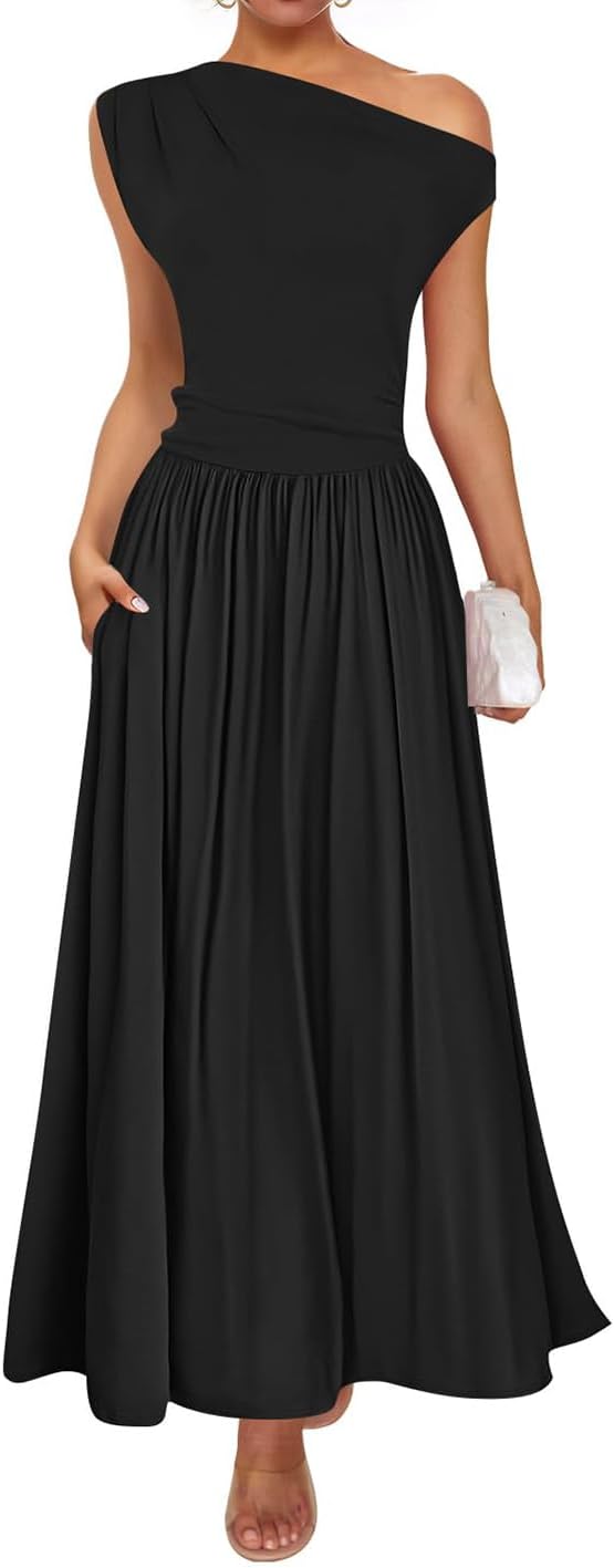 ZESICA Womens Sleeveless One Shoulder Maxi Dress with Pockets