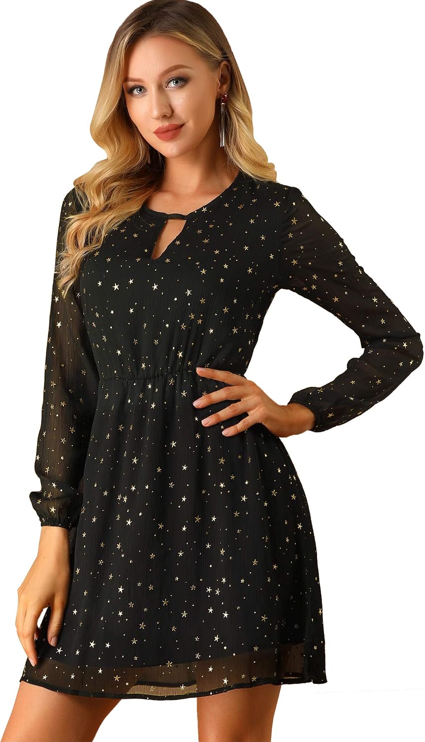 Allegra K Women Metallic Star Choker V Neck Party Flared A-Line Dress