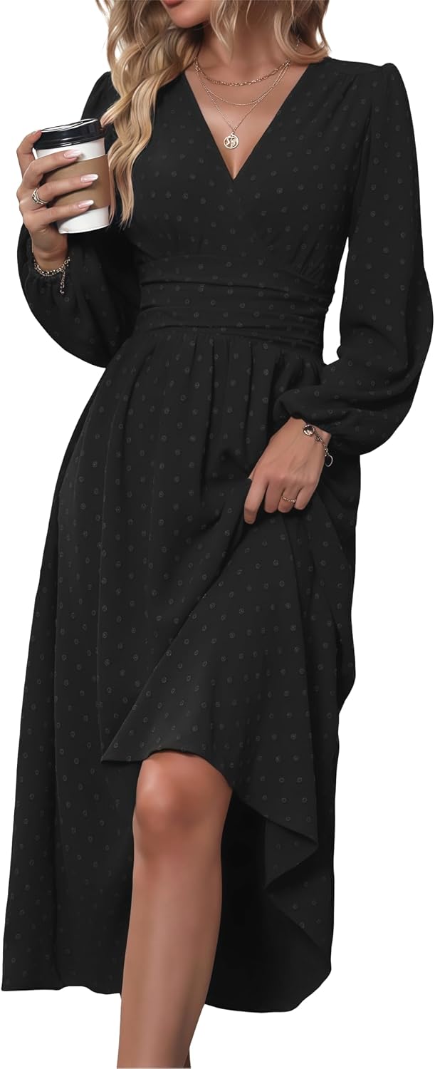 Mettclasi Women's Spring Fall Swiss Dot V-Neck Midi Dress Casual Puff Long Lantern Sleeve A-Line Flowy Wedding Guest Dress