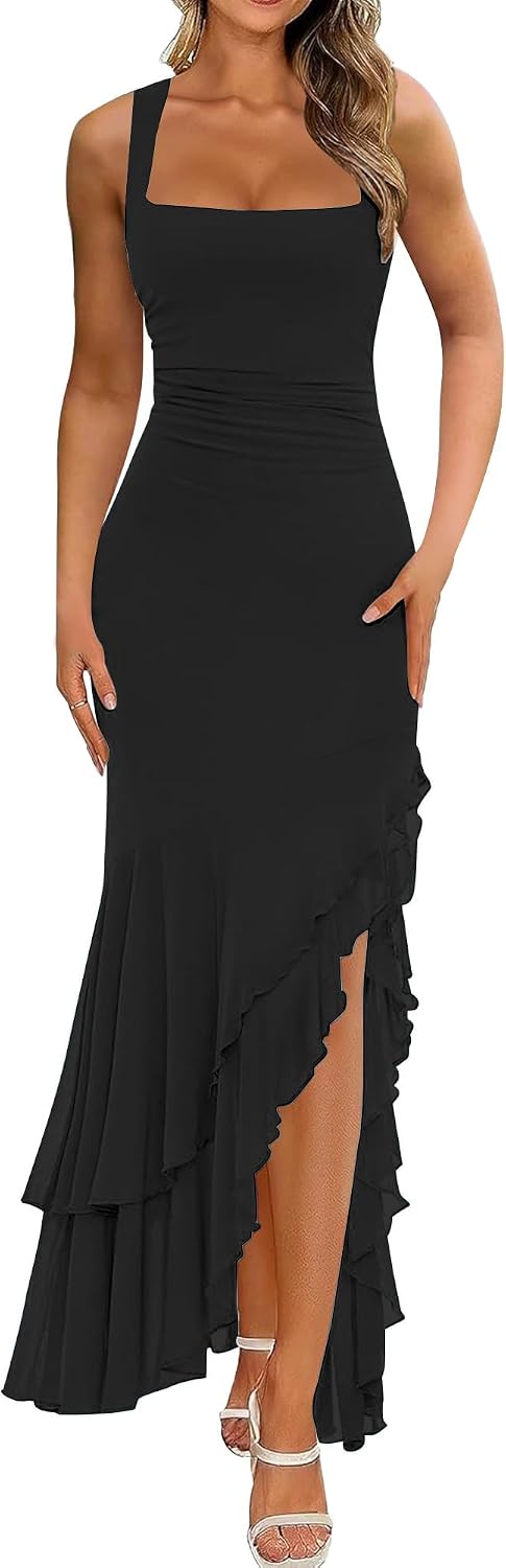 BORIFLORS Women's Elegant Bodycon Ruched Maxi Cocktail Dress