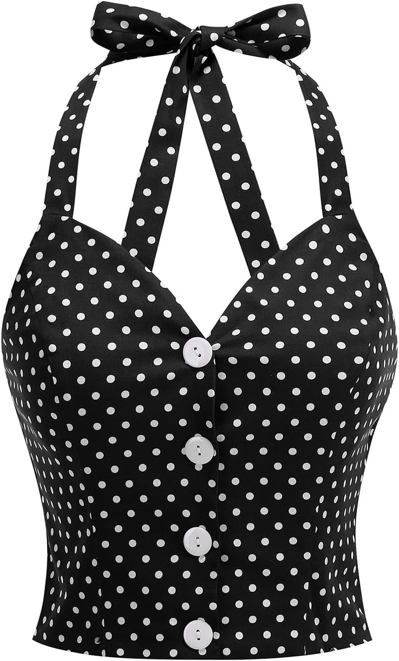 Vintage Tops for Women 1950s Polka Dot 50s Pin up Rockabilly Top Halter V Neck Pinup Retro Tops 50's Vintage Blouses Tank Top