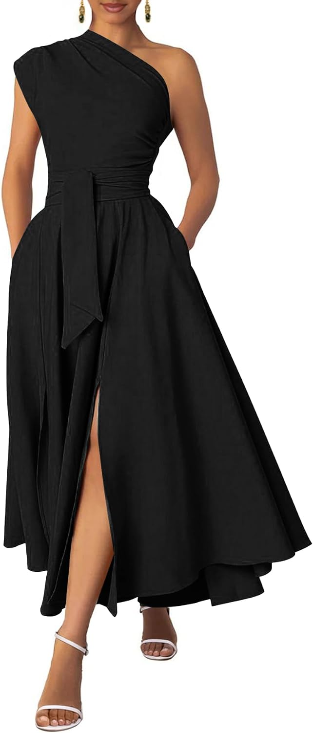 Ekaliy Women's One Shoulder Belted Maxi Dress Formal Wedding Guest Dress