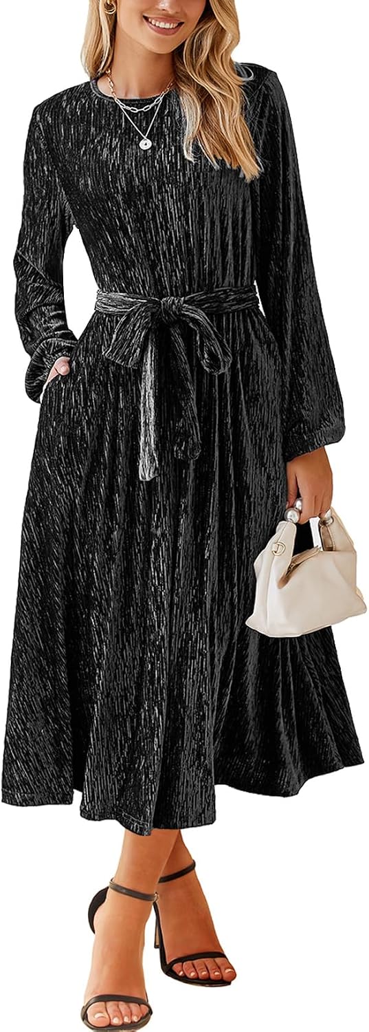 Happy Sailed Women's Velvet Dress Fashion Fall Winter Long Sleeve High Waist A-Line Semi Formal Wedding Guest Dresses