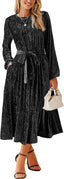 Happy Sailed Women's Velvet Dress Fashion Fall Winter Long Sleeve High Waist A-Line Semi Formal Wedding Guest Dresses