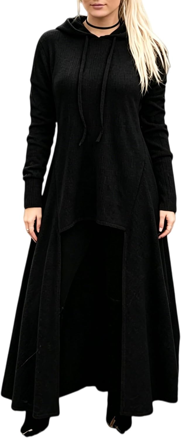 JMSUN Women Sweater Dress Hooded Costume High Low Drop Shoulder Longline Gothic Pullover Outfit
