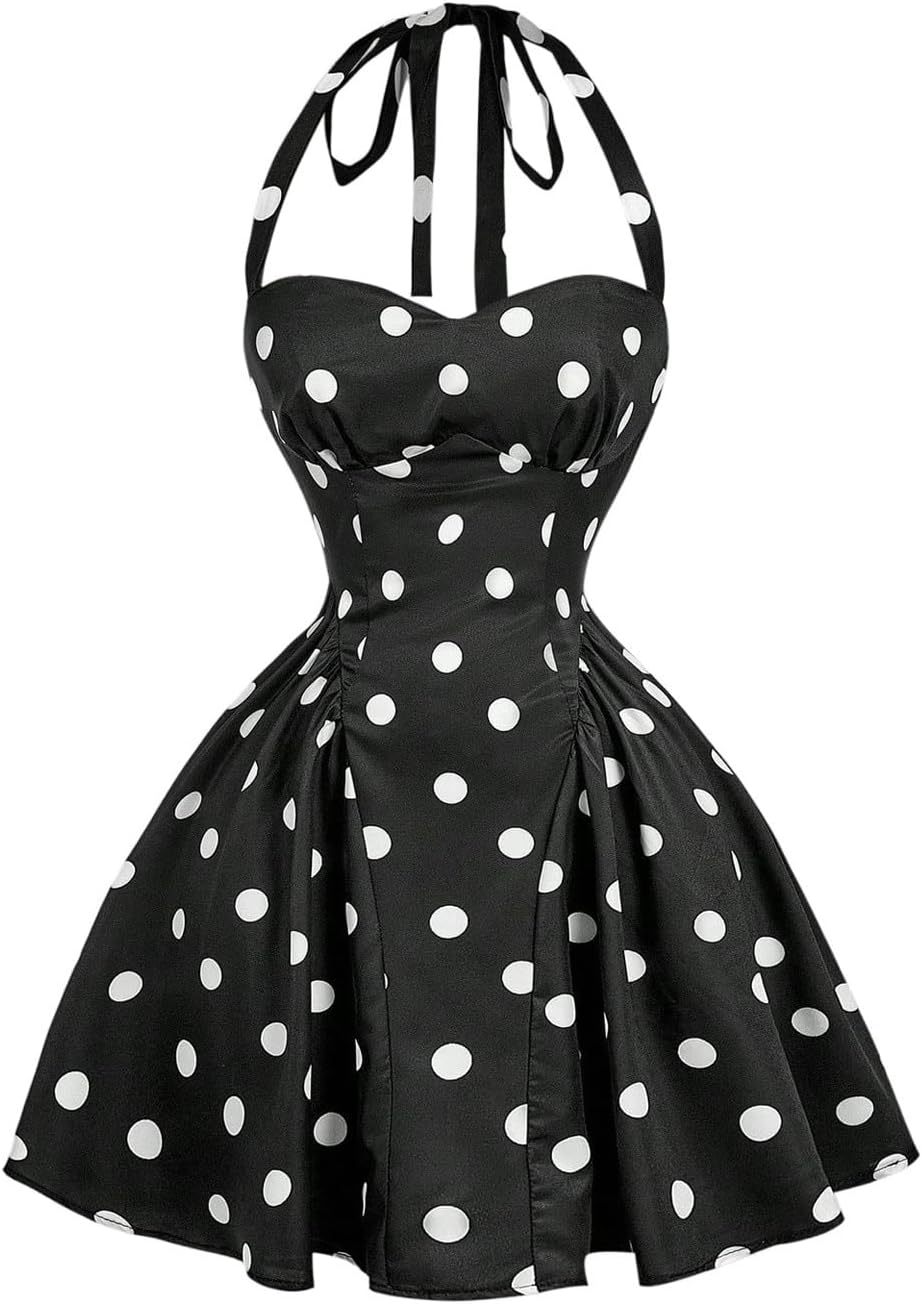 Women's Vintage 1950s Halter Neck Rockability Swing Dress Smocked Fit and Flare Sundress