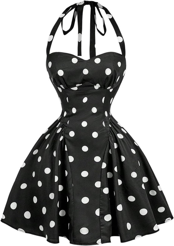 Women's Vintage 1950s Halter Neck Rockability Swing Dress Smocked Fit and Flare Sundress