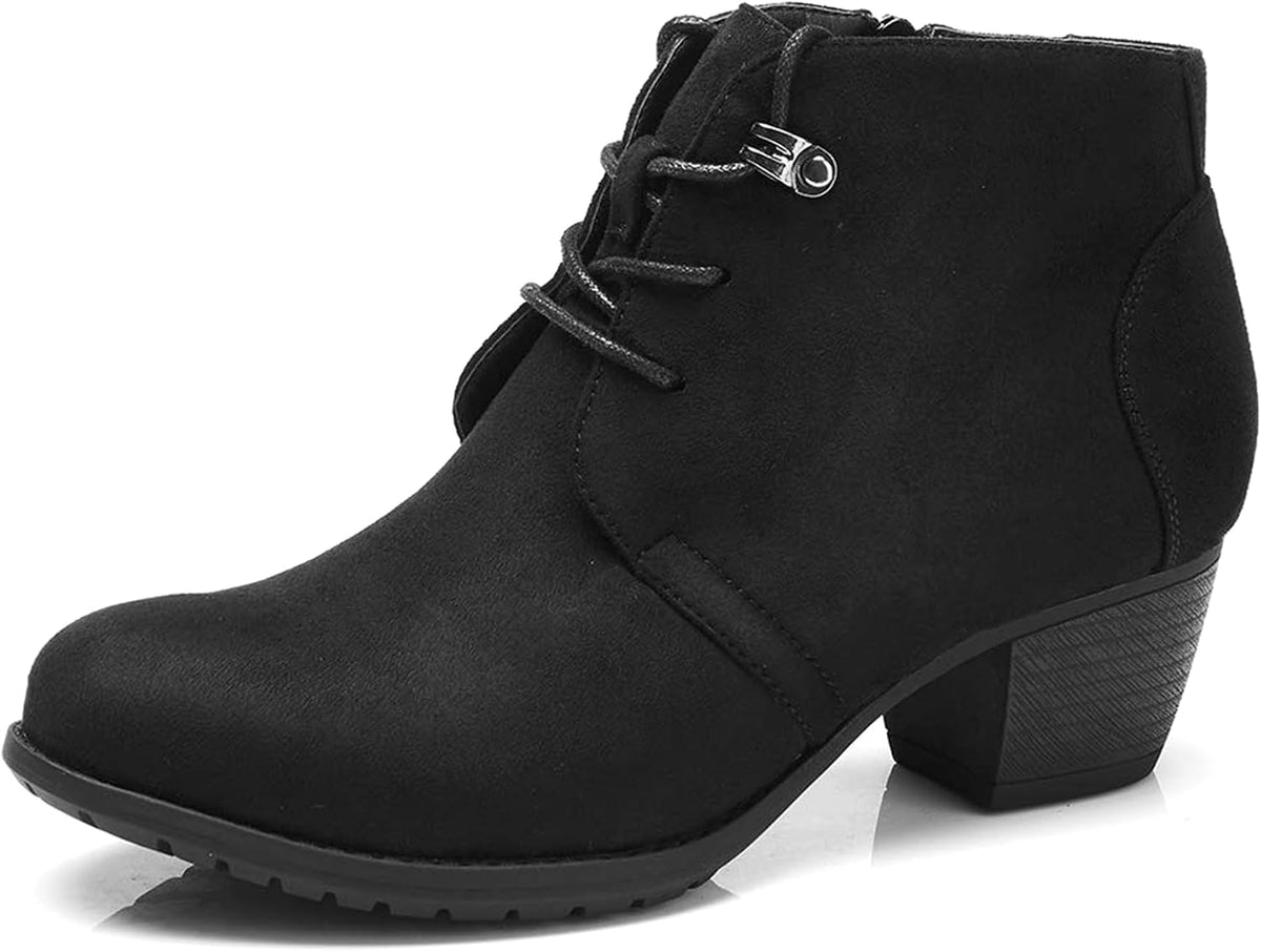 Women's Ankle Boots,Lace-up Round Toe Comfortable Low Heel Dress Booties with Side Zipper