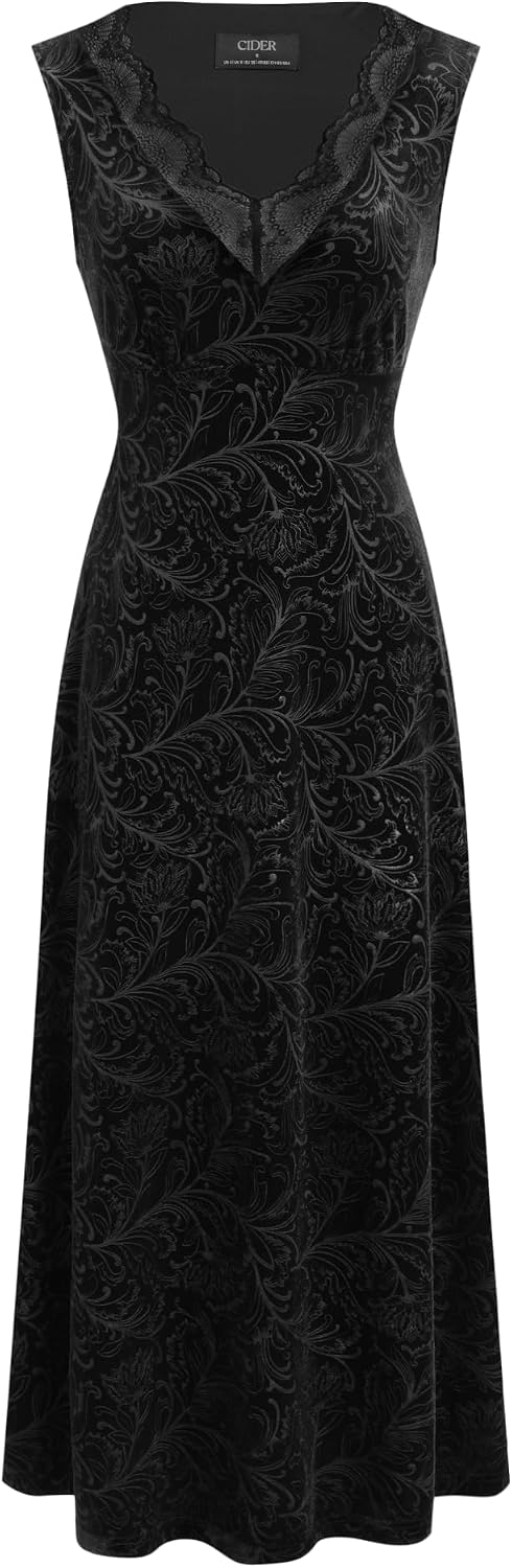 CIDER Fall Velvet Maxi Dress Women V Neck Lace Trim Sleeveless Dress