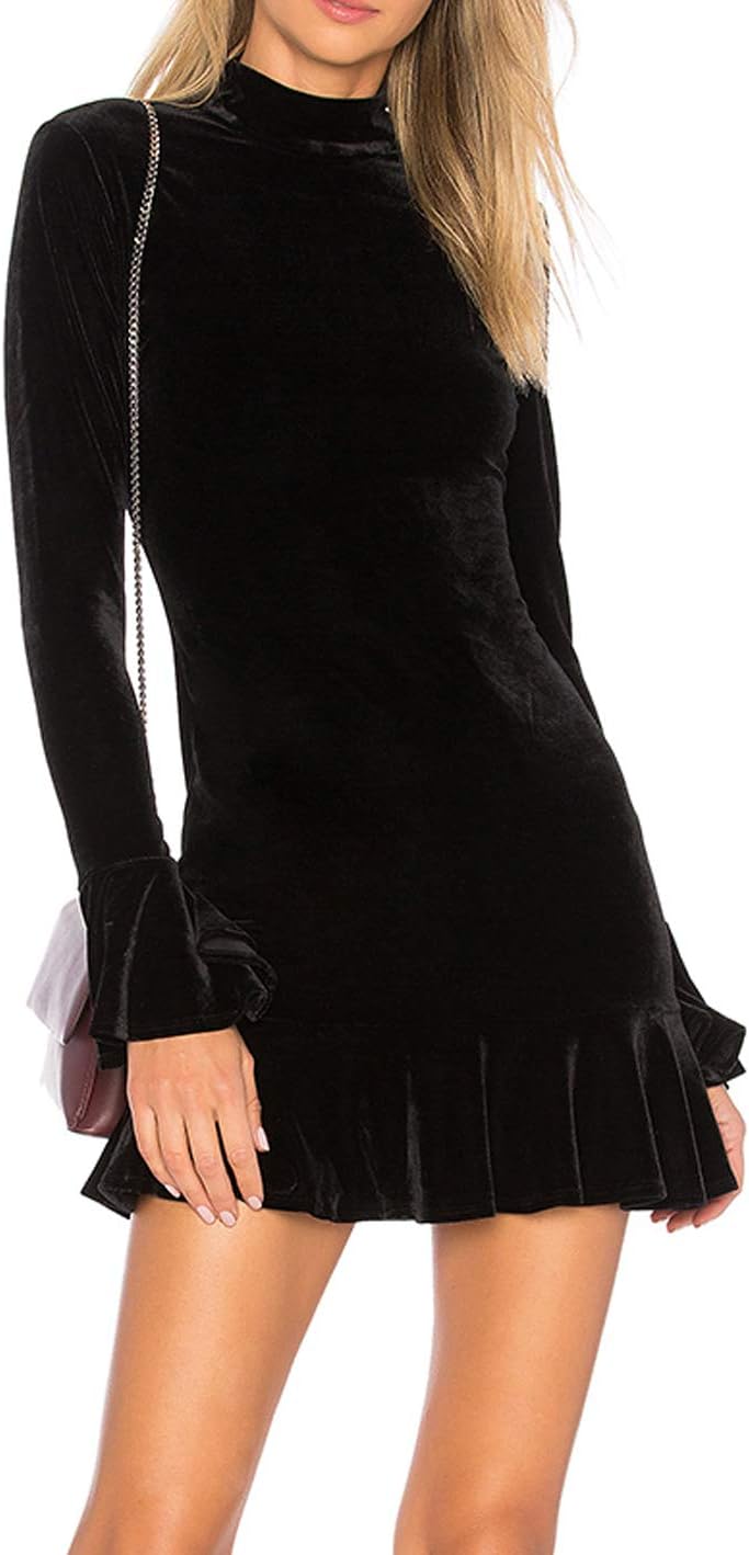 R.Vivimos Women's Winter Long Sleeve Velvet Ruffles Bodycon Mini Dress