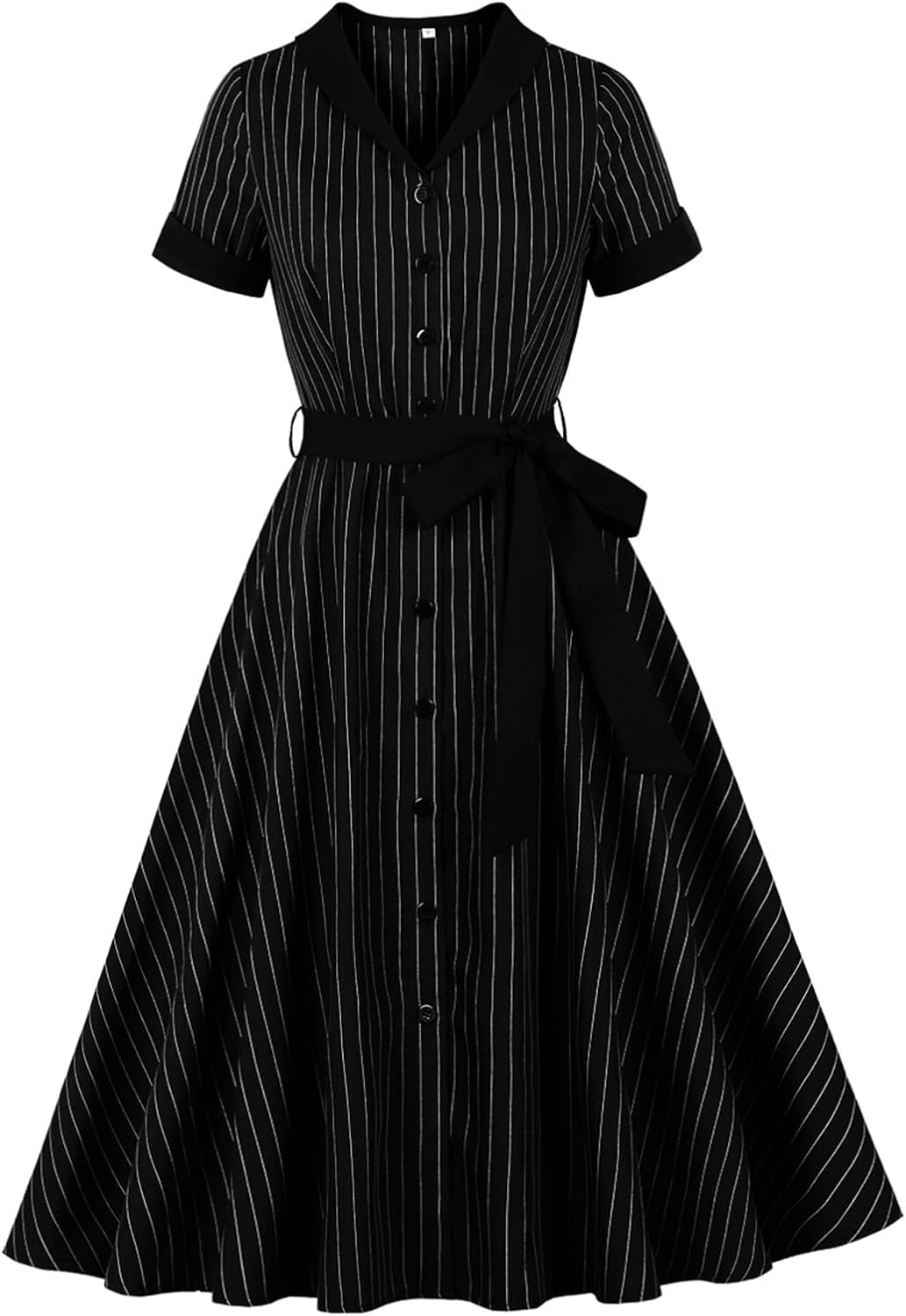 Women's 1950s Retro Striped Dress - Vintage Collared Button Down A Line Swing Dress with Removable Belt for Commuting