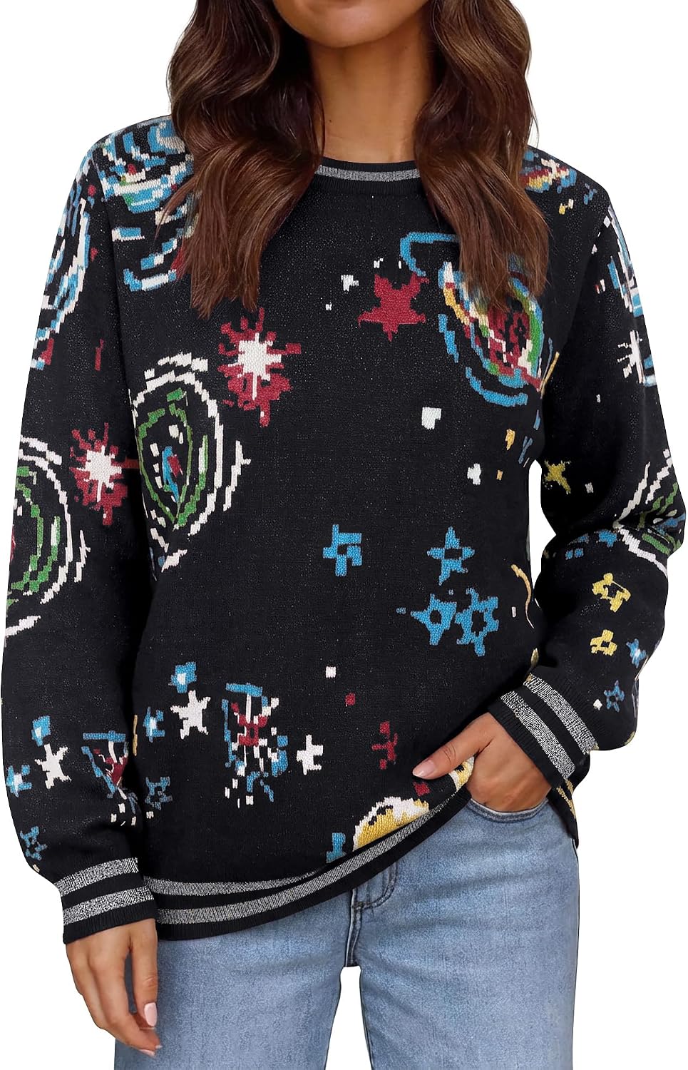 Women's Retro Space Galaxy Graphic Knit Sweaters Vintage Crewneck Pullover