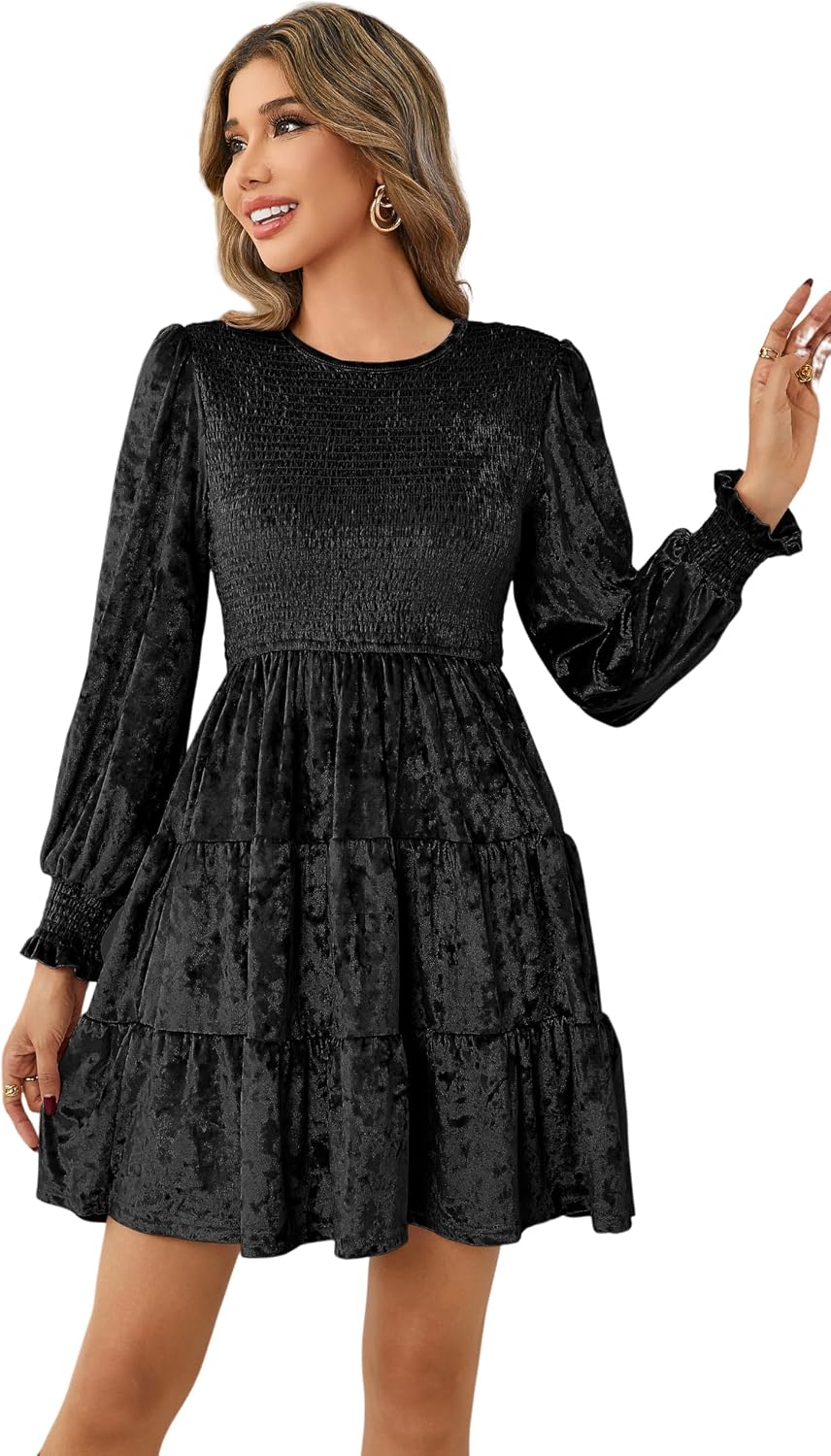 R.Vivimos Women's Fall Crushed Velvet Long Sleeve Mini Dress