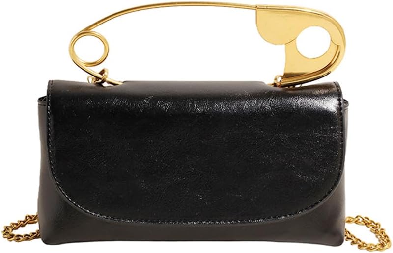 Women's Safety Pin Leather Crossbody Clutch with Gold Handles & Chain